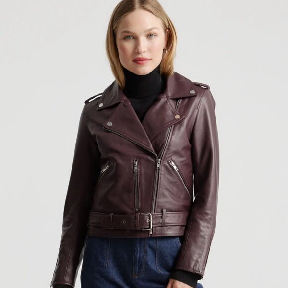 Quince Jackets & Blazers - Quince 100% Leather Motorcycle Jacket Brown/Burgundy Size S NWOT